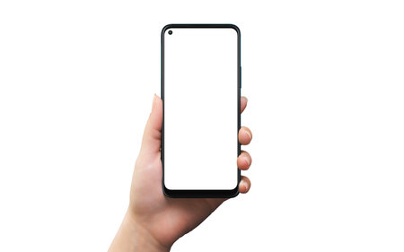 Phone mockup in woman hand. Isolated background and display for mockup, app design presentationの写真素材