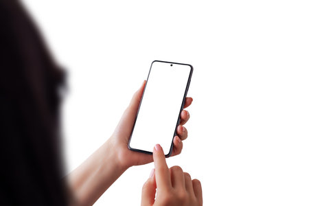 Isolated woman head, hands and smart phone. Isolated screen for app or web site presentation. Over...