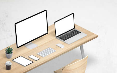 Modern devices template for responsive design presentation. Mockup of computer display, laptop, tablet and phone. Office desk, isometric positionの写真素材