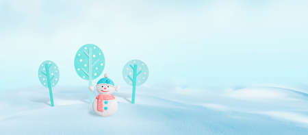 Winter decorations of snowman and trees with empty space for winter holidays greeting textの写真素材