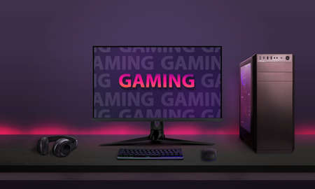 Modern desktop gaming setup on desk with led lights in background. Modern gaming font concept on computer displayの写真素材