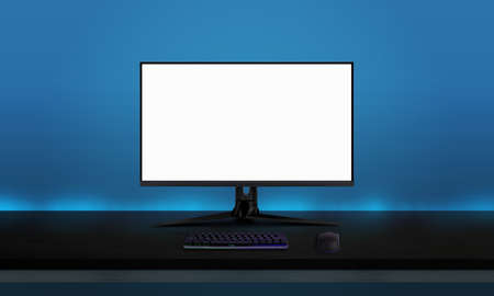 Gaming display mockup on black desk with gaming keyboard and mouse. Blue wall with ambient lights in background. Game promotion conceptの写真素材