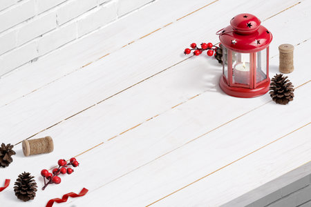 White wooden desk and Christmas decorations. Free space for product presentation. Isometric compositionの写真素材