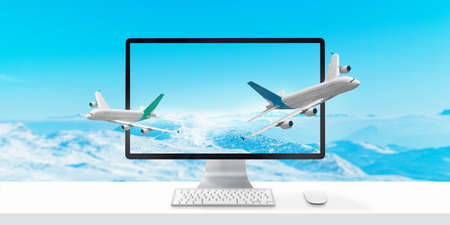 Travel composition with planes coming out of a computer display. Mountains in the backgroundの写真素材