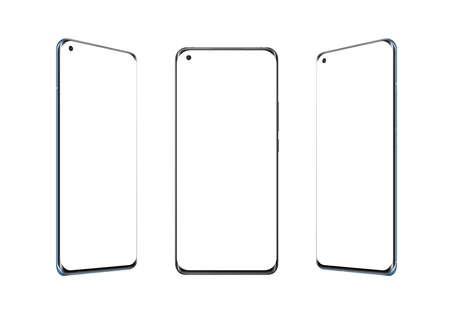 Phone isolated in three positions. Isolated display and background for app design presentation. Round screen with thin edges and camera built into displayの写真素材