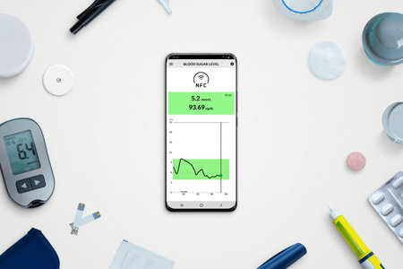 Phone with blood sugar level app surrounded by accessories to keep diabetes under control. Top view,...