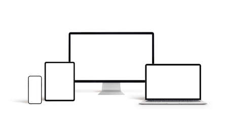 Isolated computer and mobile devices with blank screen for responsive web deesign or app promotionの写真素材