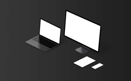 Black, low light computer display, laptop, tablet and smart phone mockup isometric position. Isolated screen in white for web page or app design promotionの写真素材