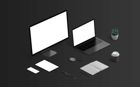 Isometric dark device mockup template for responsive design showcase. Computer display, laptop, tablet and smart phone on black desk. Pad, pen, plant, coffee, wathc besideの写真素材