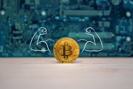 Strong bitcoin with tense muscles in the arms concept. Electronic in backgroundの写真素材