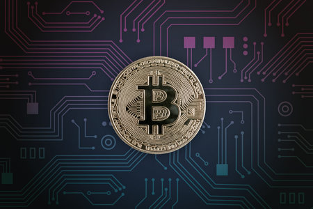 Bitcoin on electronic circuit board. Digital crypto currency concept