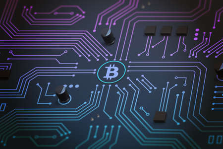 Bitcoin on circuit electronic board. Digital circuit blockchain network conceptの写真素材