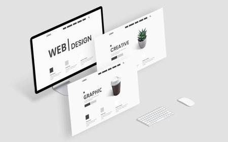 Web site flying layouts concept. Web design creative graphic studio desk