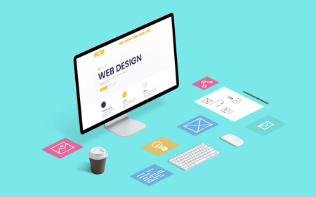 Web design company page layout isometric view computer desk. Page parts on blue work deskの写真素材