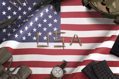 United States of America flag and military equipment. Text writen with bulletsの写真素材