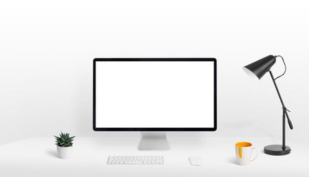 Computer display mockup on work desk. Blank, white, isolated screen for web page presentation. Clean, fla compositionの写真素材