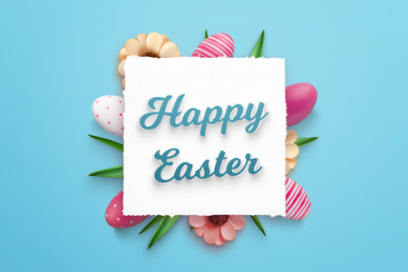 Happy Easter greeting card on square paper surrounded by Easter decorations. Blue background, top...