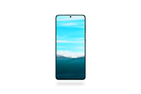 Under the sea and sky in phone display. Phone at sea invert, creative tehnology concept
