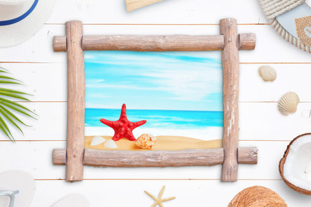Tropical beach window like wooden frame surrounded by summer vacation accessories