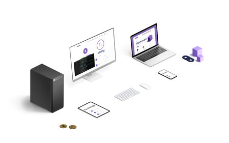 Blockchain mining concept with computer, laptop, tablet and smart phone. Devices perform...