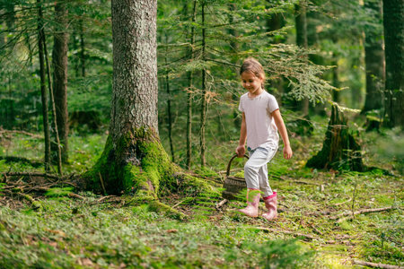 Little girl walks through the forest with a basket and collects forest fruits and mushroomsの写真素材