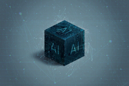 Abstract, futuristic electronic cube, representing the concept of artificial intelligence. The cube's sleek, metallic surface and glowing lights suggest advanced technology and the limitless possibilities of AIの写真素材