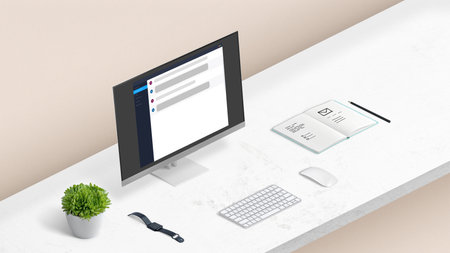 Chat AI app on computer display on work desk isometric view concept. Concept of AI using in writing documents, books, news and moreの写真素材