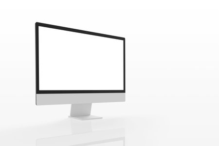Modern computer display on white surface with reflection. Isolated screen for web page mockup promotionの写真素材