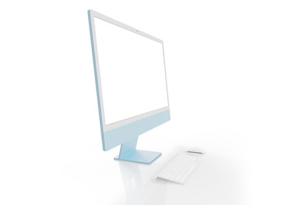 Blue display mockup on a clean white background with keyboard and mouse beside. Side viewの写真素材