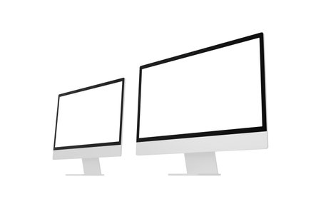 Two modern computer displays with isolated screen for app or web page promotionsの写真素材