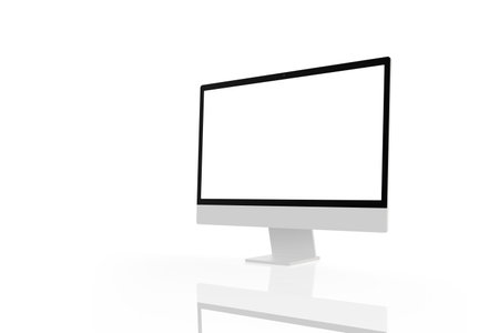 Computer screen isolated in white with reflection. Isolated screen for mockup, app or web page presentation. Side viewの写真素材