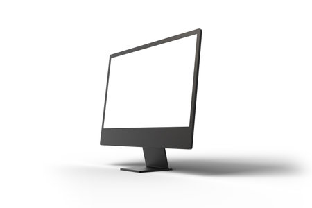 Black computer display on white suraface with shadow. Isolated screen for design promotionの写真素材