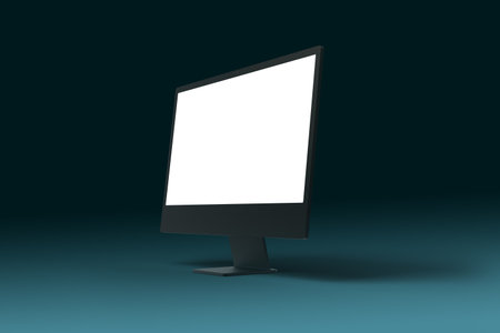 Computer display mockup on dark green surface. Isolated screen for app, web page presentation. Side viewの写真素材