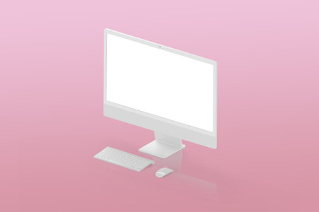 Isometric white display, keyboard and mouse on pink suirface. Isolated screen for mockup, app or web page presentationの写真素材