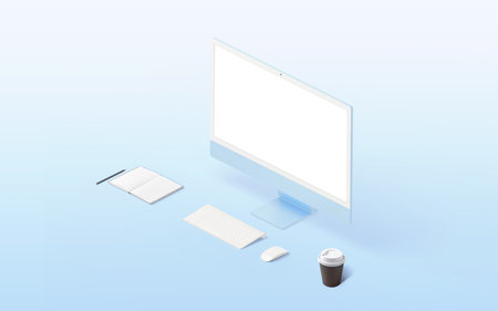 Isometric work desk with computer display, keyboard, mouse, pad, pen and coffee mug. Isolated screen for web page presentation. Blue surfaceの写真素材