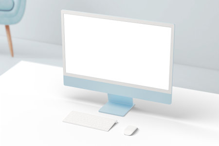 Modern blue computer display with white screen for app or web page presentation. Clean white desk with keyboard and mouseの写真素材