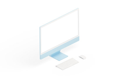 Modern computer display, keyboard and mouse on white surface. Isometric position. Isolated screen for mockupの写真素材