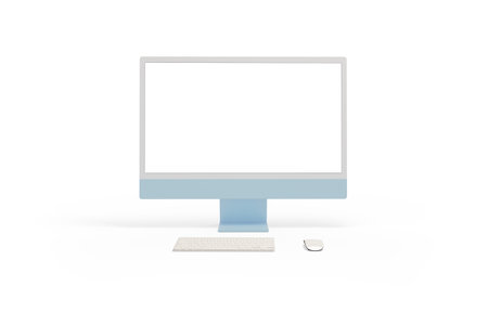 Computer display, keyboard and mouse isolated in white. Front view. Isolated screen for mockupの写真素材