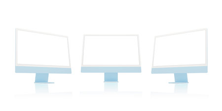Three computer displays in side and front position. Isolated screen for app or web page presentationの写真素材