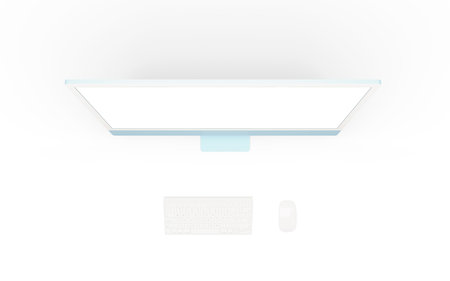 Computer display, keyboard and mouse view from above. Isolated screen for app or web page presentation. Top view, flat layの写真素材