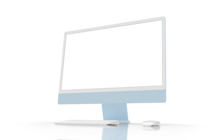 Modern blue computer display on desk with keyboard and mouse beside. Isolated screen and background for mockupの写真素材