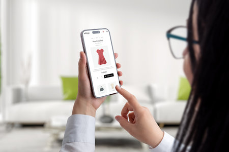 Concept of buying clothes online with a mobile phone. A woman uses an ecommerce website to shop conceptの写真素材