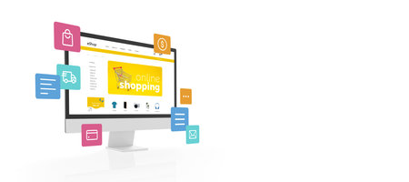 Computer display with shopping online text on ecommerce web page concept. Flying shopping icons and...