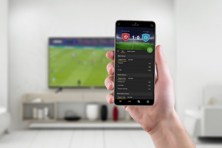 Live soccer betting experience in the comfort of a living room with smart phone. Phone with modern...