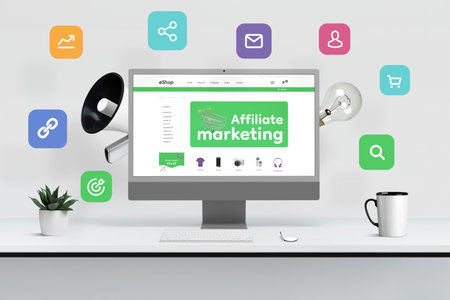 Computer display surrounded by megaphone, bulb and affiliate marketing icons concept. Modern ecommerce web page on computer displayの写真素材