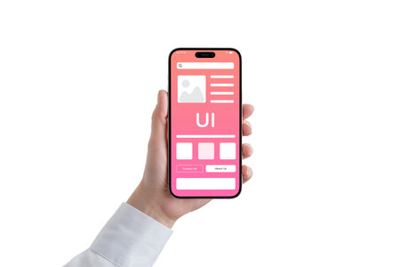 Woman's hand holding a phone with a conceptual user interface. The interface displays a modern design, sleek elements. Isolated hand and smartphone on whiteの写真素材