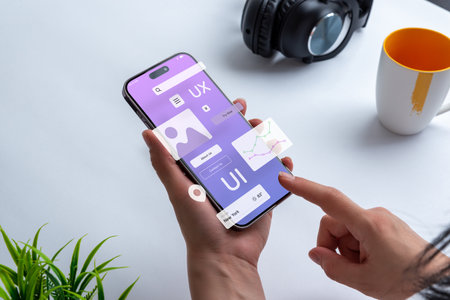 Process of creating an interface for a mobile app. User interface and experience concept. Modern app on smart phone in woman handsの写真素材