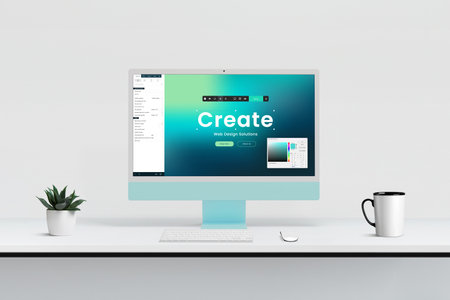 Modern web design studio with computer display showcasing site creation editor, tools, and color picker for efficient and creative website developmentの写真素材