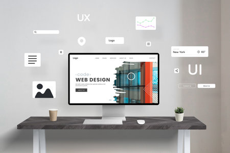 Web design studio creating a page with modules and plugins. Concept of content management system for easy website creation from home using digital toolsの写真素材
