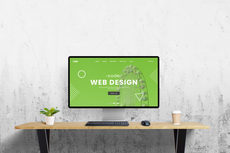 Green web design concept page displayed on computer screen at office desk with a clean wall background, perfect for text promotion. Eco-friendly design and minimalist workspace for marketing visualsの写真素材